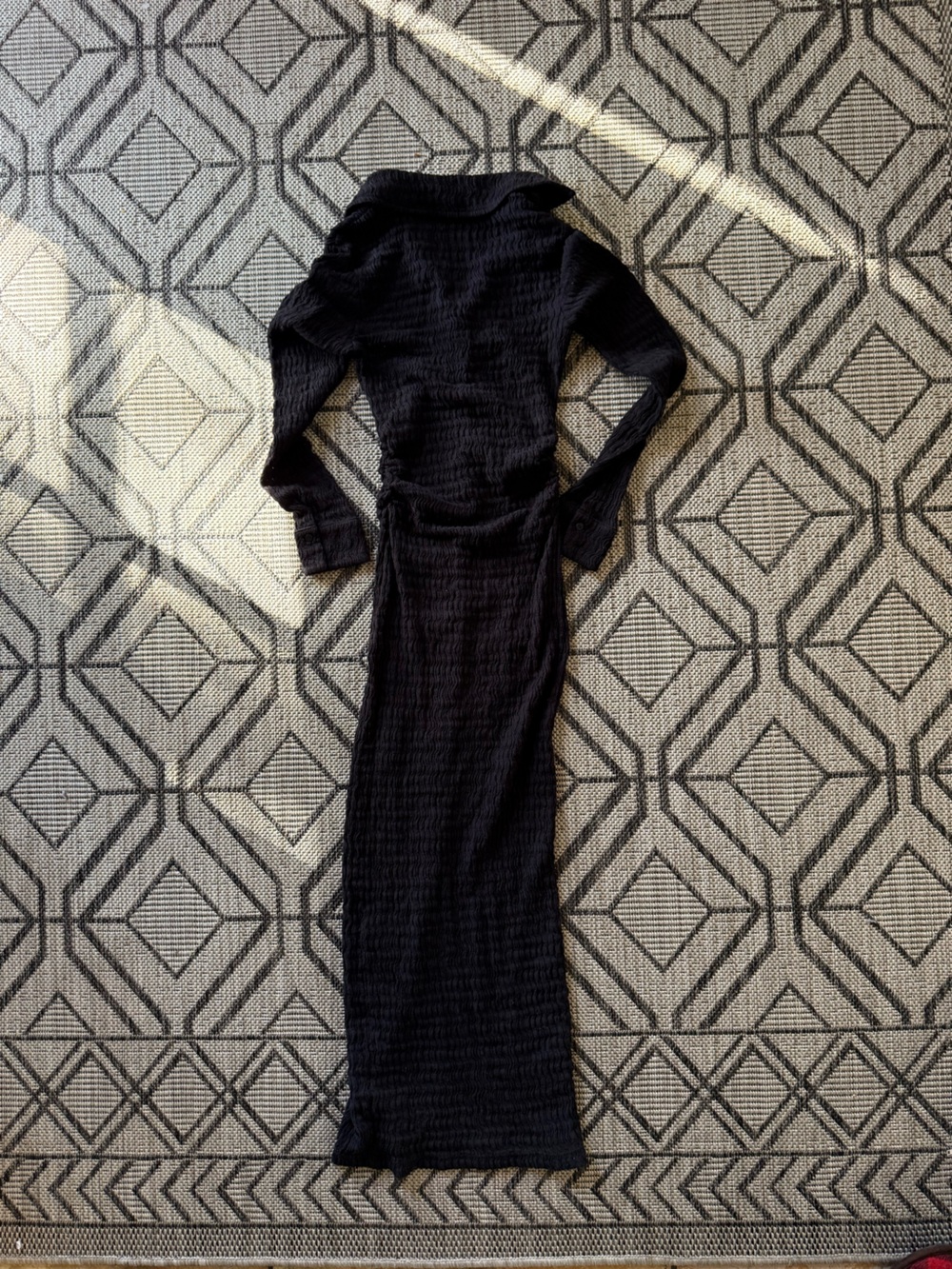 AllSaints Black Bodycon Connie Long Sleeve Ribbed Button-Front Collar Midi Dress - Picture 10 of 10